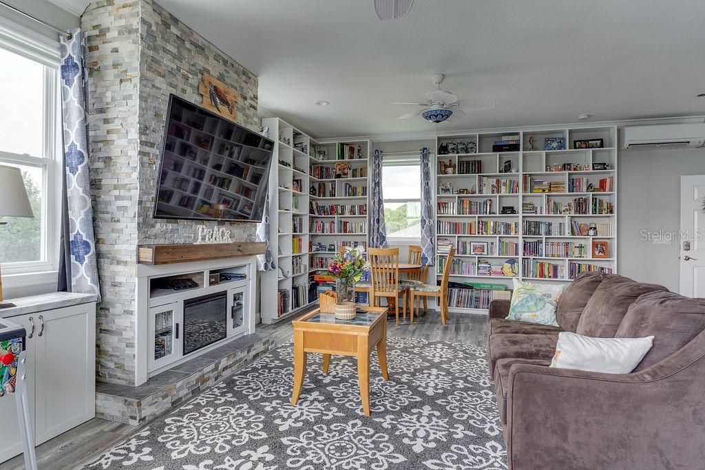 Dining room, Fireplace, Interior, Living room, Stone Walls