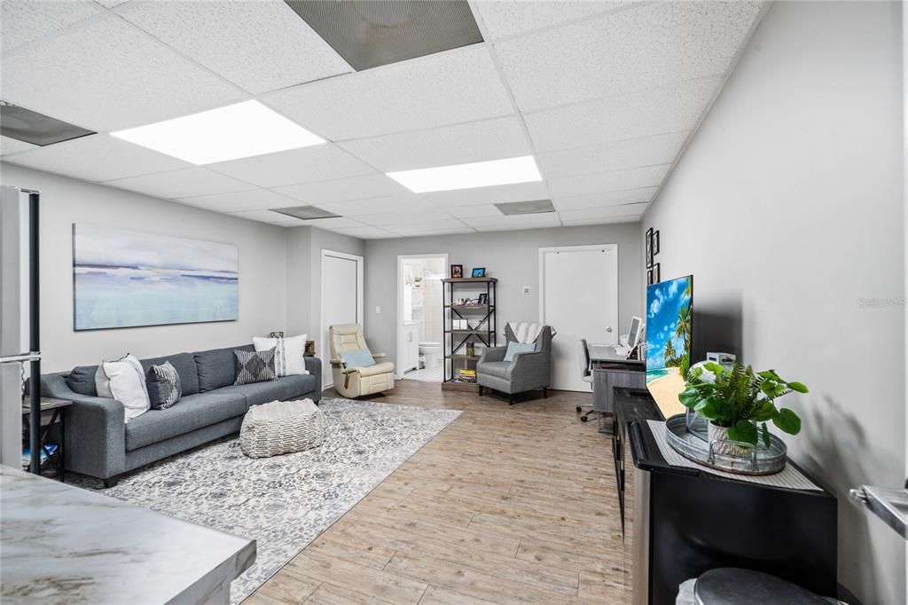 Home Office, Interior, Living room, Recessed Lighting, Wood Texture Flooring