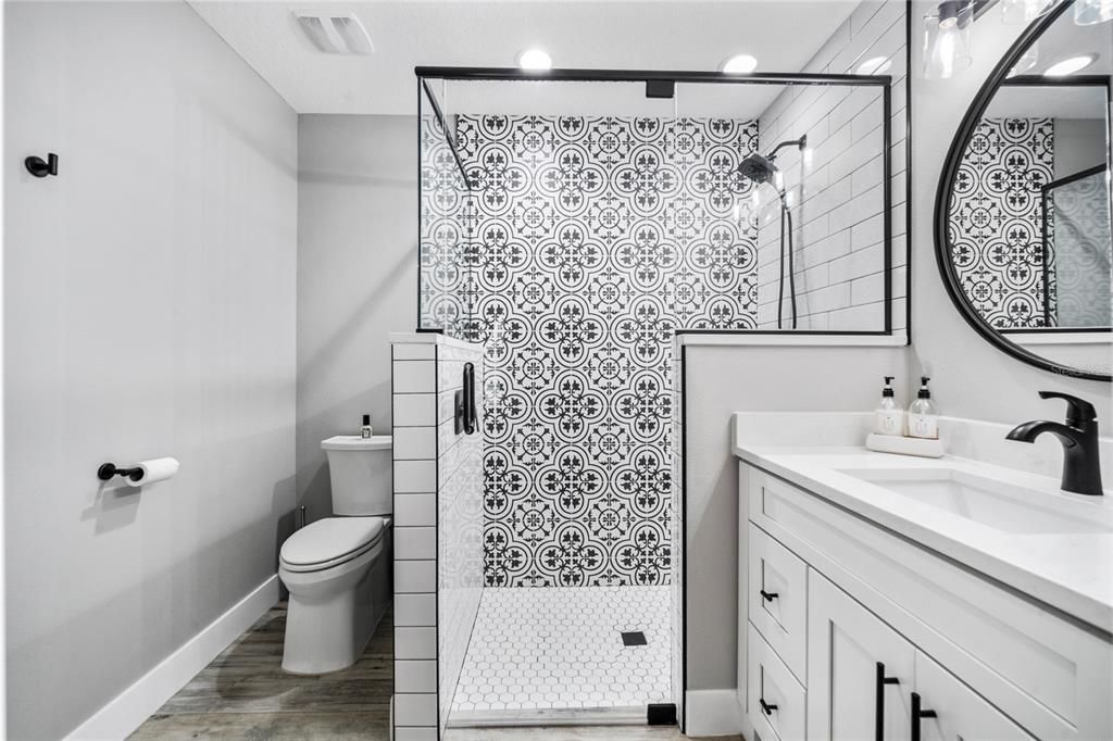 Bathroom, Glass Shower, Interior, Recessed Lighting, Wood Texture Flooring