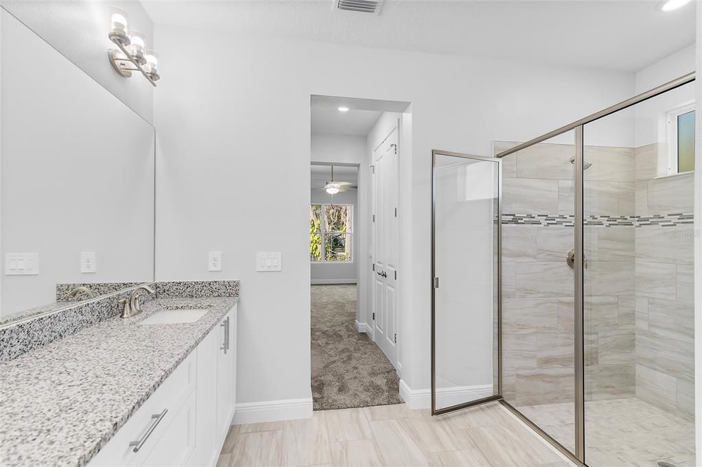 Bathroom, Glass Shower, Interior, Recessed Lighting, Wood Texture Flooring