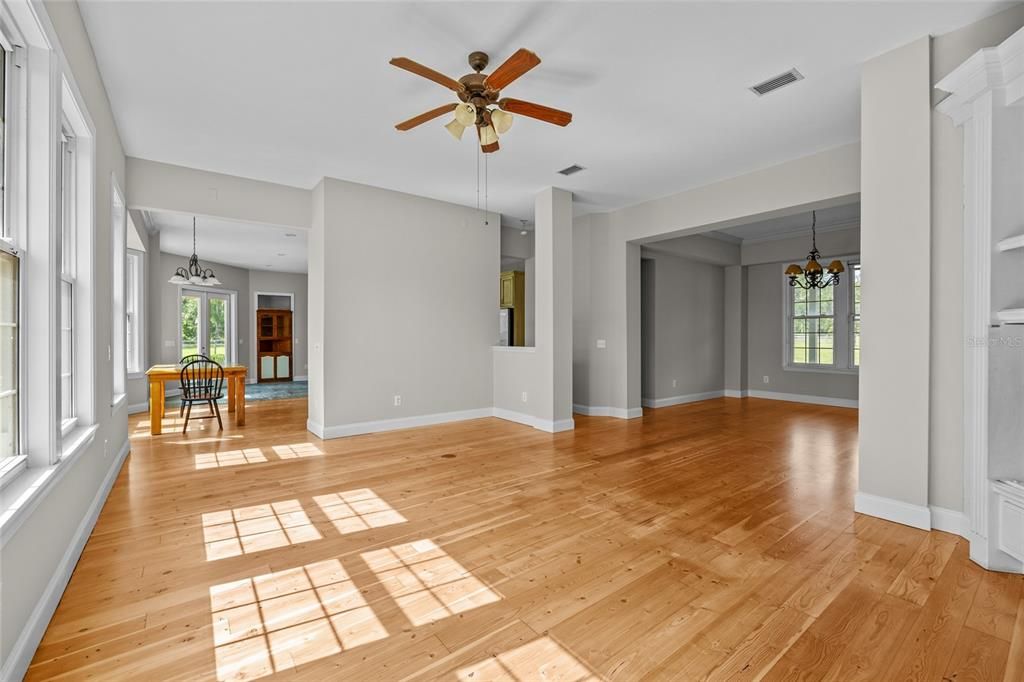 Dining room, Empty room, Interior, Pendant Lights, Wood Texture Flooring