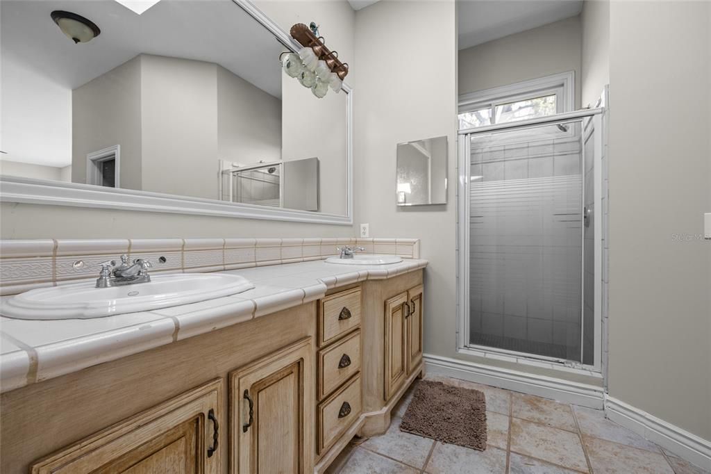 Bathroom, Dual Sink Vanities, Glass Shower, Interior, Tile Countertops