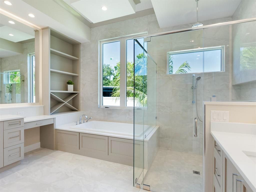 Bathroom, Glass Shower, Interior, Marble, Recessed Lighting