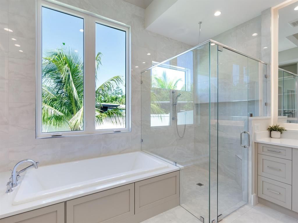 Bathroom, Glass Shower, Interior, Marble Walls, Recessed Lighting