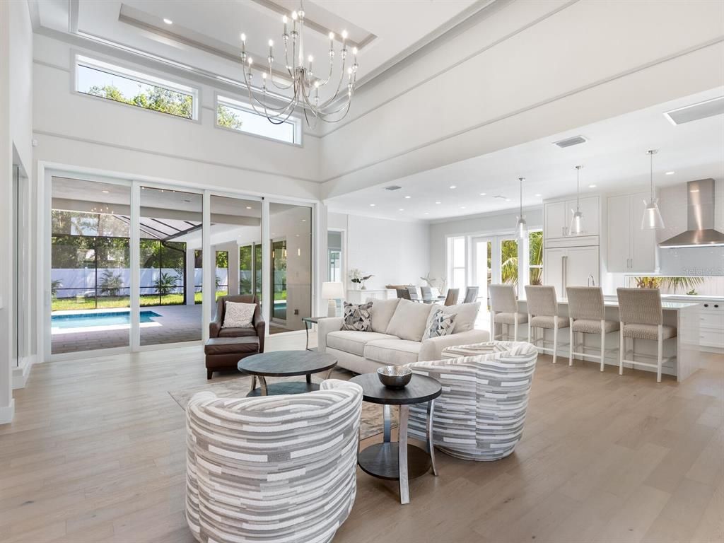 Chandelier, Dining room, Interior, Kitchen, Living room, Pendant Lights, Recessed Lighting, Wood Texture Flooring