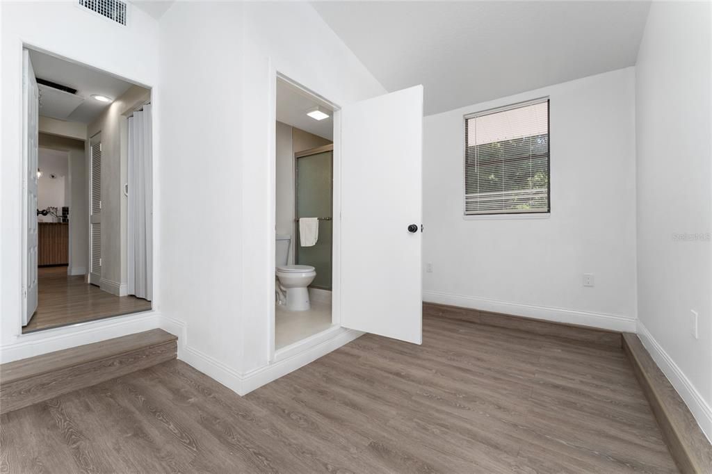 Bathroom, Empty room, Interior, Recessed Lighting, Wood Texture Flooring