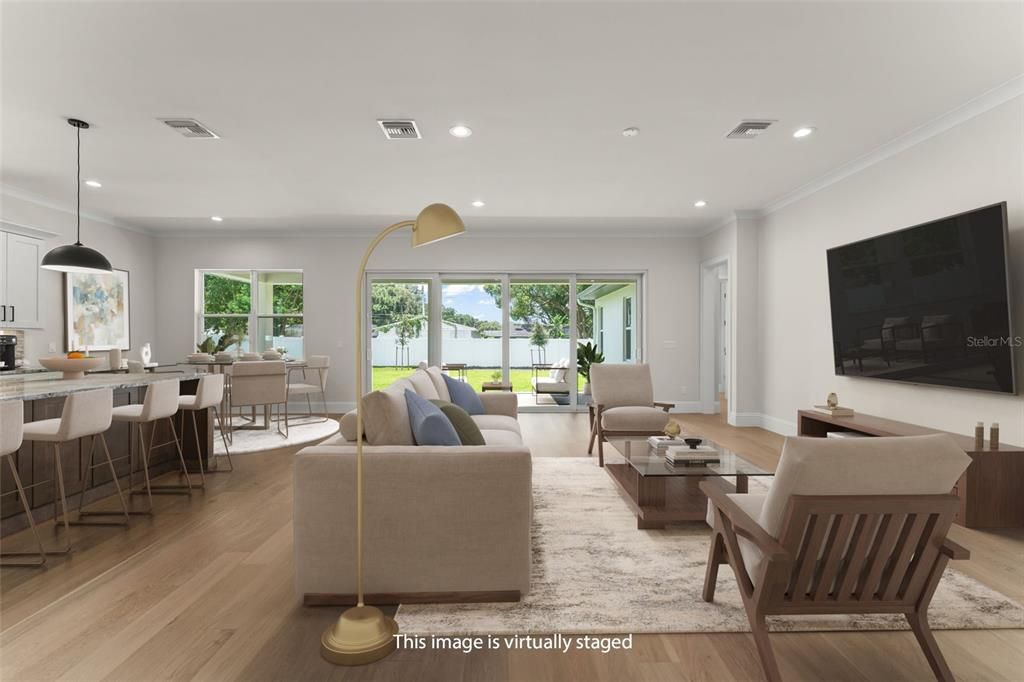 Dining room, Interior, Living room, Pendant Lights, Recessed Lighting, Wood Texture Flooring