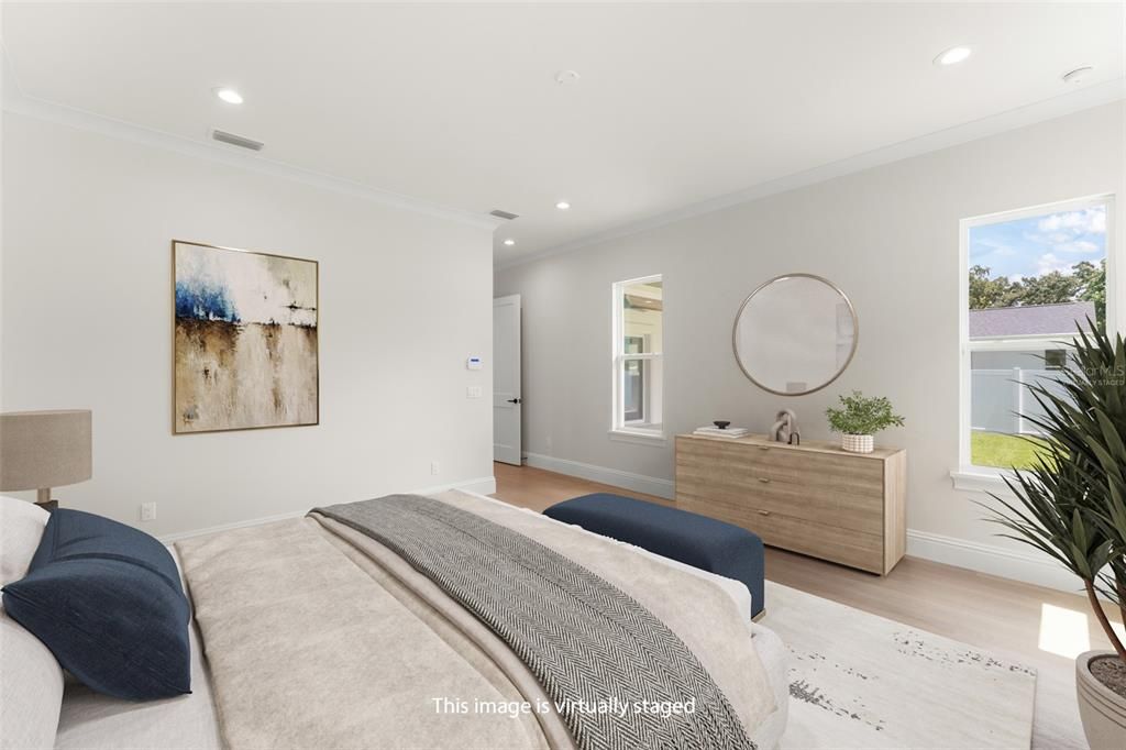 Bedroom, Interior, Recessed Lighting, Wood Texture Flooring