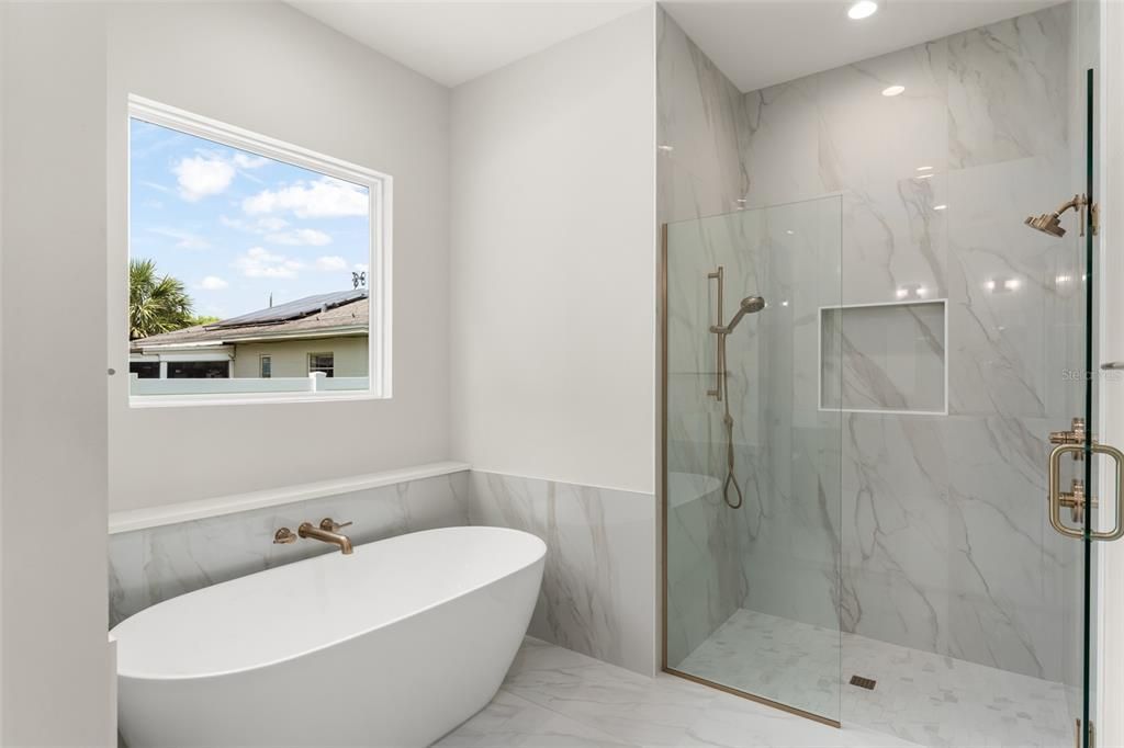 Bathroom, Free Standing Baths, Glass Shower, Interior, Marble, Marble Walls, Recessed Lighting