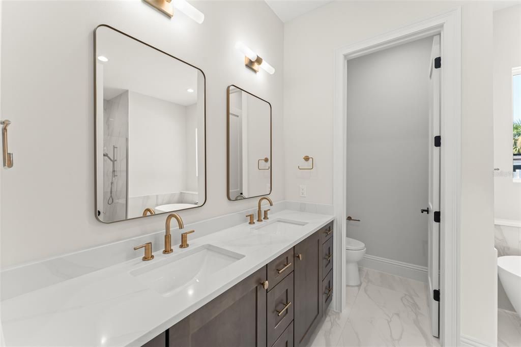 Bathroom, Dual Sink Vanities, Interior, Marble, Recessed Lighting