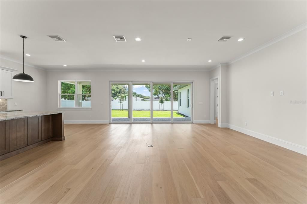 Empty room, Interior, Pendant Lights, Recessed Lighting, Wood Texture Flooring