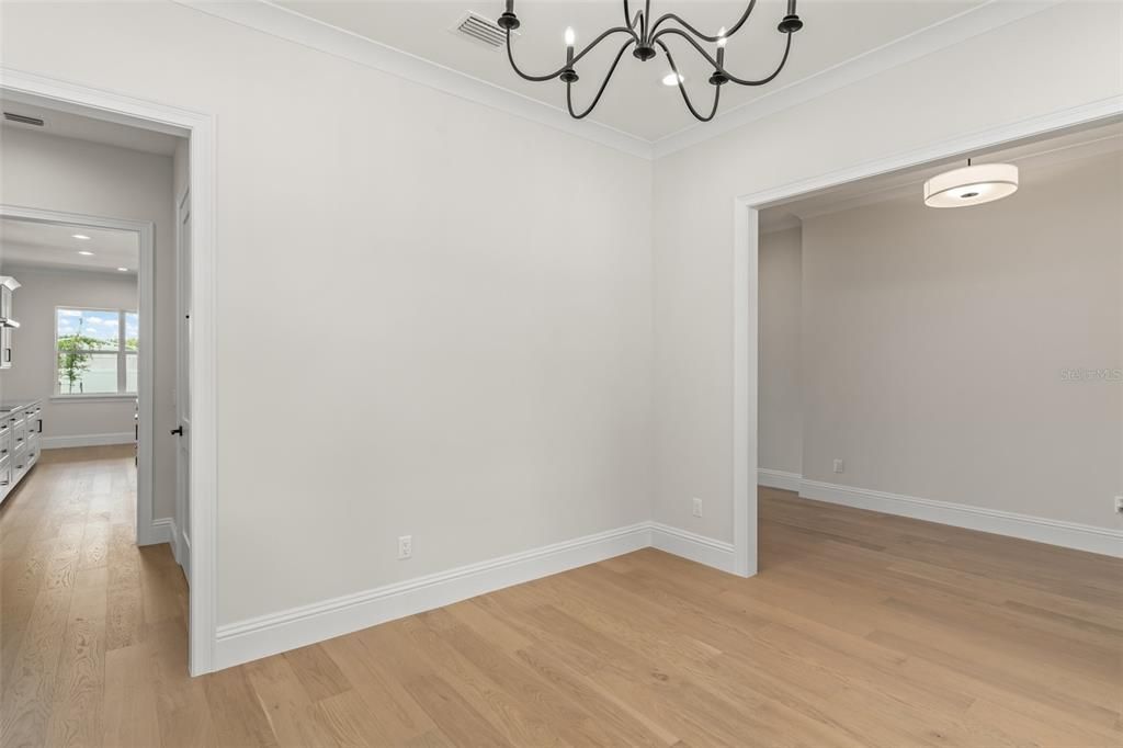 Chandelier, Empty room, Interior, Recessed Lighting, Wood Texture Flooring