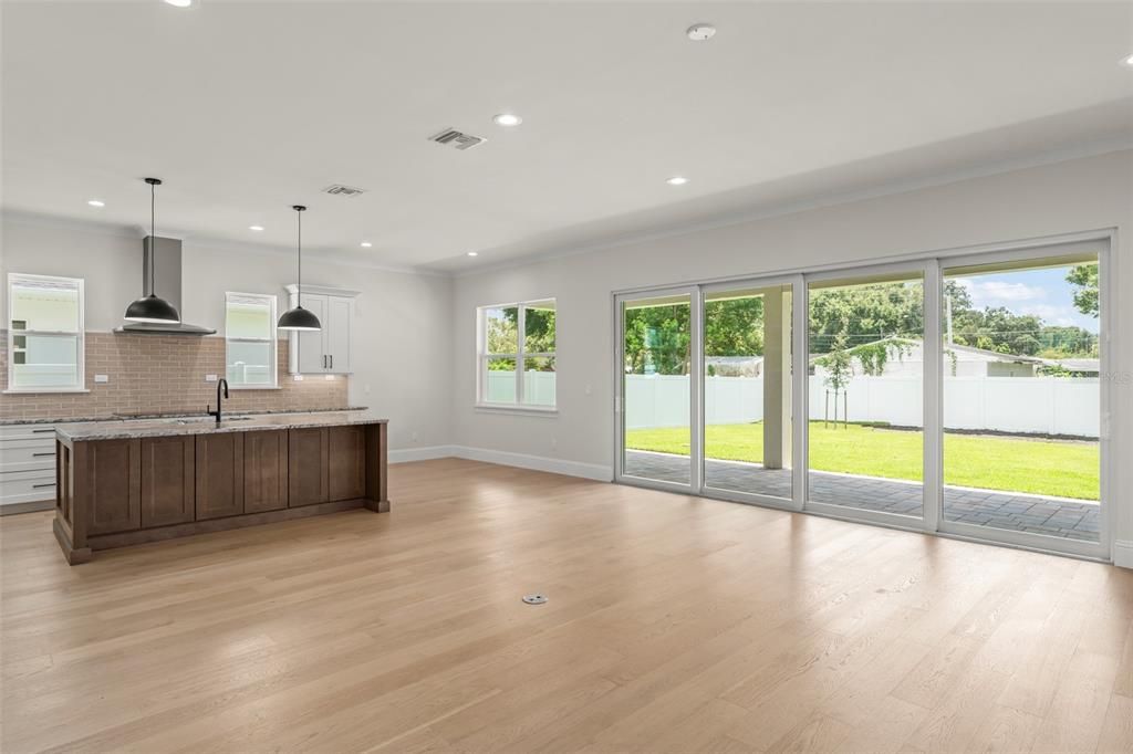 Empty room, Interior, Kitchen, Pendant Lights, Recessed Lighting, Wood Texture Flooring