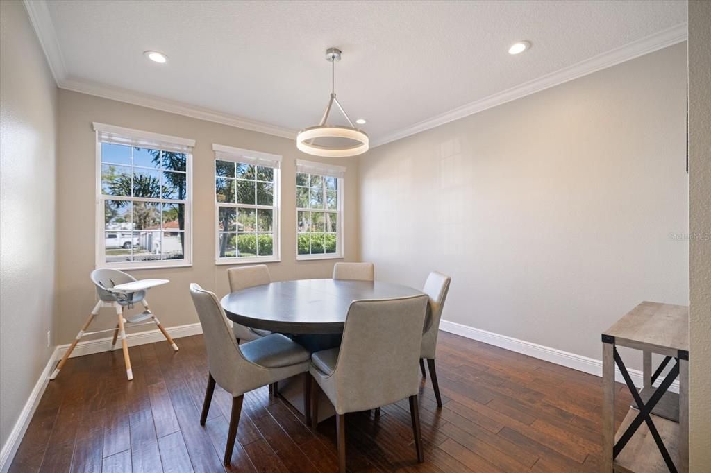 Dining room, Interior, Pendant Lights, Recessed Lighting, Wood Texture Flooring