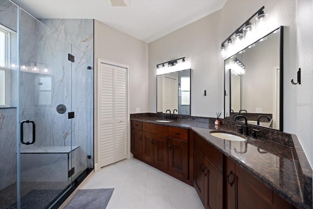 Bathroom, Dual Sink Vanities, Glass Shower, Interior, Marble Walls
