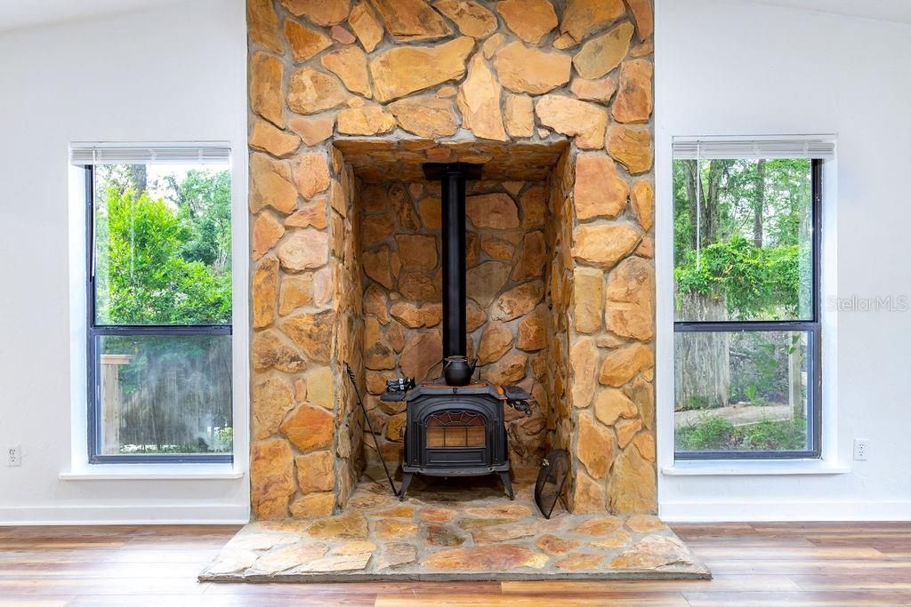 Fireplace, Interior, Stone Walls, Wood Texture Flooring