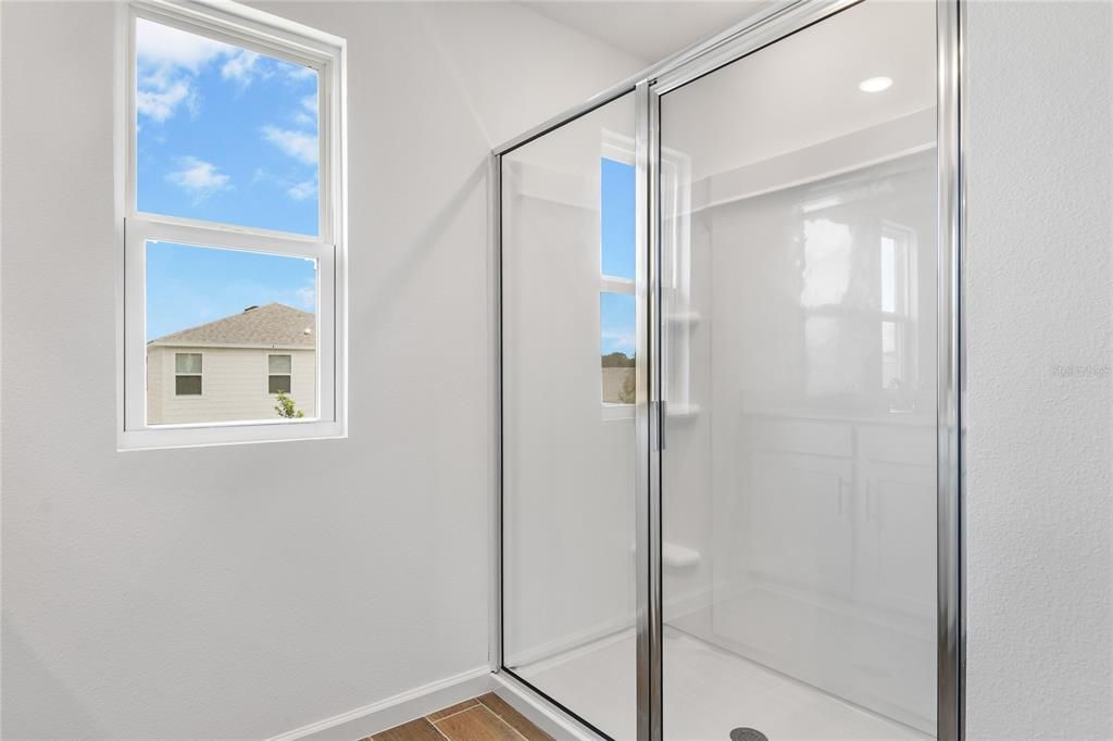 Bathroom, Glass Shower, Interior, Recessed Lighting, Wood Texture Flooring