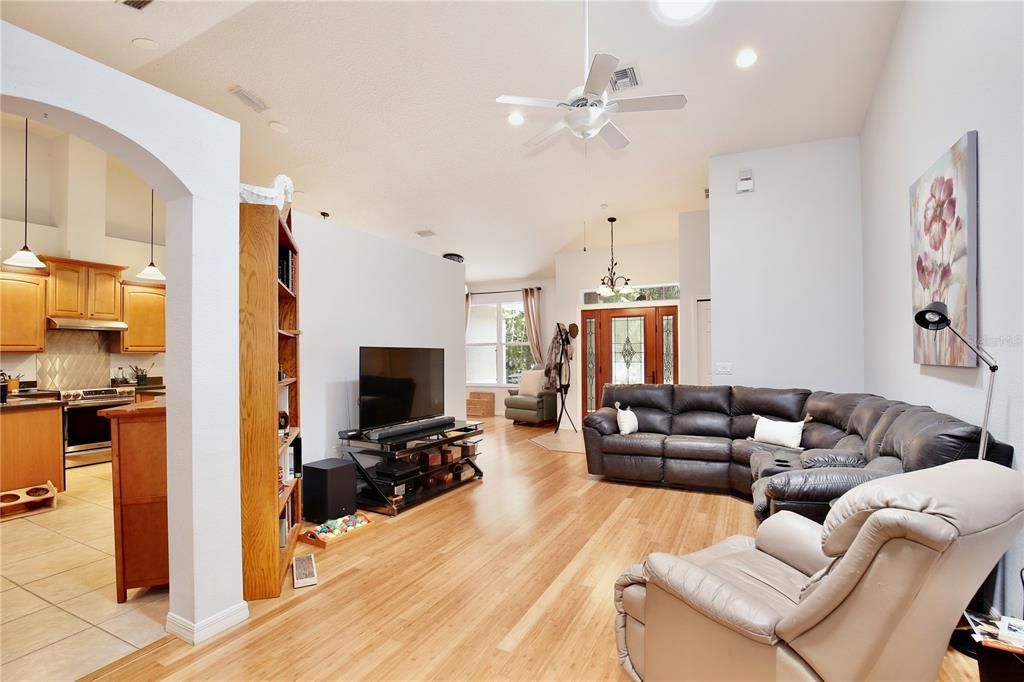 Interior, Kitchen, Living room, Pendant Lights, Recessed Lighting, Wood Texture Flooring