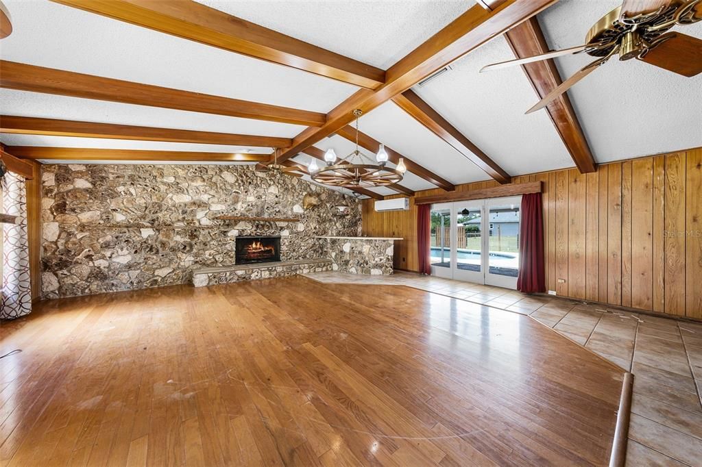 Chandelier, Empty room, Fireplace, Interior, Wooden Beams, Wood Texture Flooring, Wooden Walls