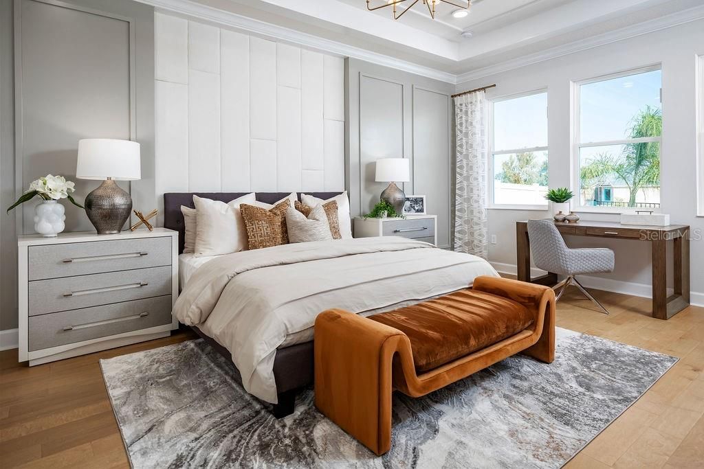 Bedroom, Home Office, Interior, Pendant Lights, Wood Texture Flooring