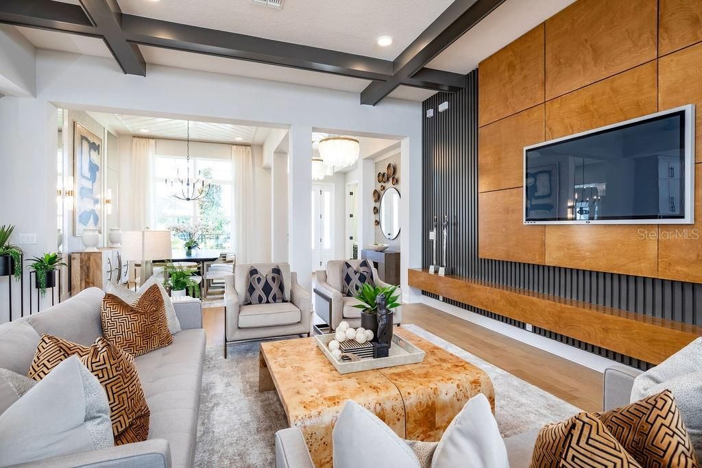 Chandelier, Dining room, Interior, Living room, Recessed Lighting, Wood Texture Flooring