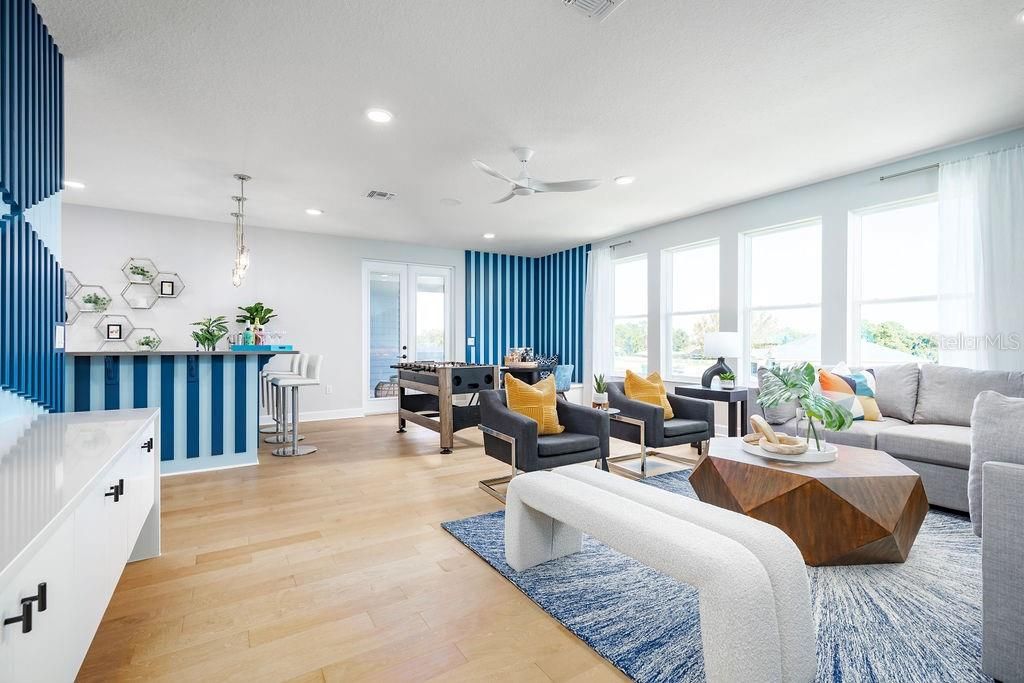 Game Room, Interior, Living room, Pendant Lights, Recessed Lighting, Wood Texture Flooring