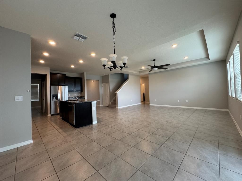 Chandelier, Empty room, Interior, Kitchen, Pendant Lights, Recessed Lighting, Stainless Steel Appliances