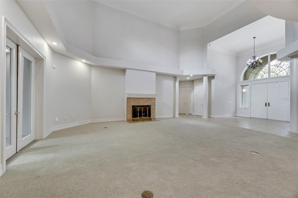 Chandelier, Empty room, Fireplace, Interior, Recessed Lighting