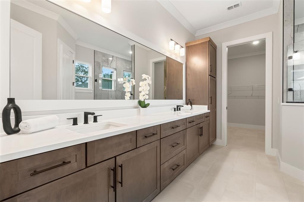 Bathroom, Dual Sink Vanities, Glass Shower, Interior, Recessed Lighting, Walk-in Closets