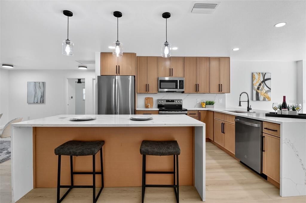 Interior, Kitchen, Pendant Lights, Recessed Lighting, Stainless Steel Appliances, Wood Texture Flooring