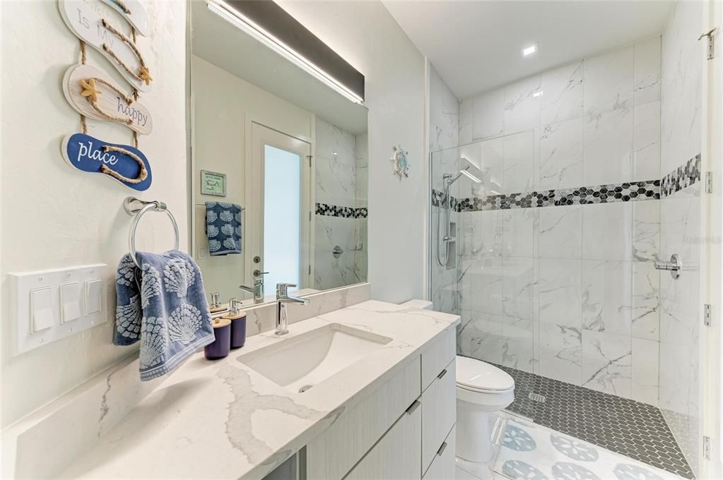 Bathroom, Glass Shower, Interior, Marble Walls, Recessed Lighting