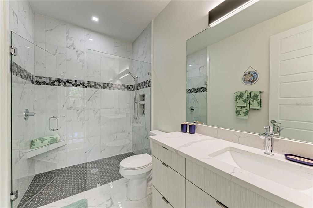 Bathroom, Glass Shower, Interior, Marble, Marble Walls, Recessed Lighting