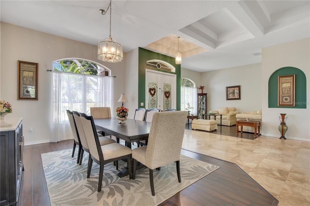 Dining room, Interior, Living room, Pendant Lights, Wood Texture Flooring