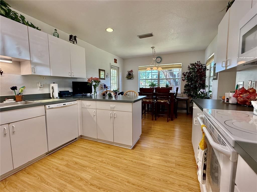 Dining room, Interior, Kitchen, Pendant Lights, Recessed Lighting, Wood Texture Flooring