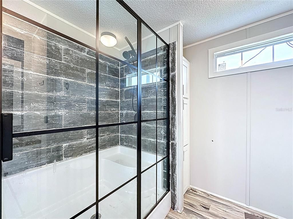 Bathroom, Glass Shower, Interior, Wood Texture Flooring