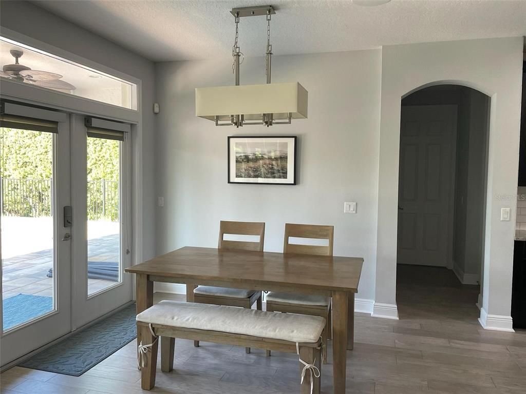 Dining room, Interior, Pendant Lights, Wood Texture Flooring
