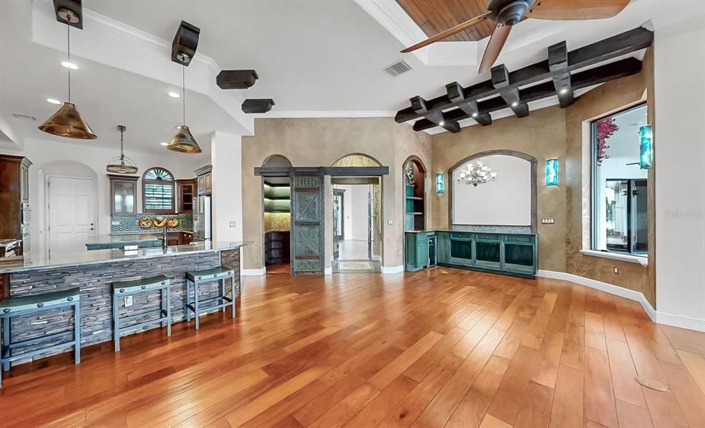 Interior, Kitchen, Pendant Lights, Recessed Lighting, Wooden Beams, Wood Texture Flooring