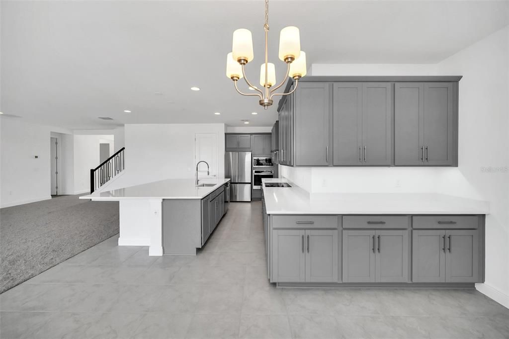 Chandelier, Interior, Kitchen, Marble, Recessed Lighting, Stainless Steel Appliances