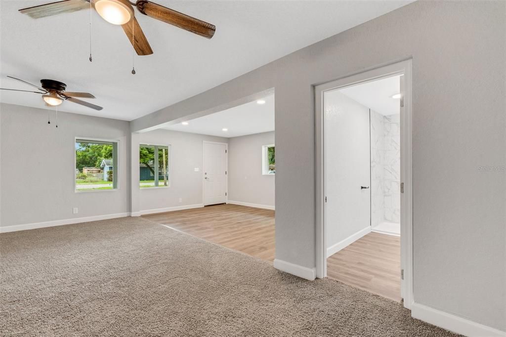 Empty room, Interior, Marble Walls, Recessed Lighting, Wood Texture Flooring