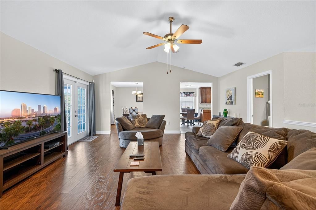 Dining room, Interior, Living room, Pendant Lights, Wood Texture Flooring