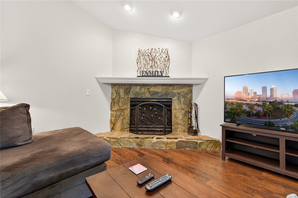 Fireplace, Interior, Recessed Lighting, Wood Texture Flooring