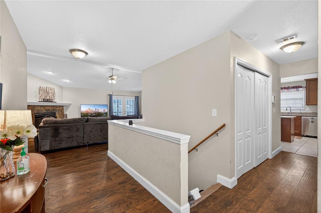 Fireplace, Interior, Kitchen, Living room, Wood Texture Flooring