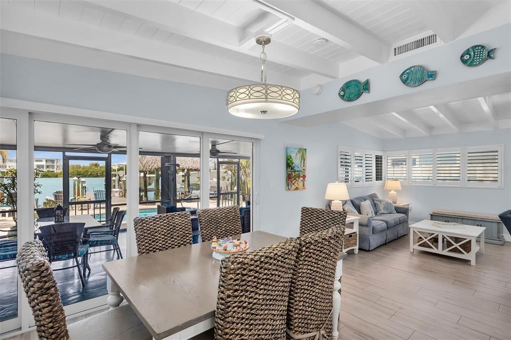 Dining room, Interior, Living room, Pendant Lights, Water, Wood Texture Flooring