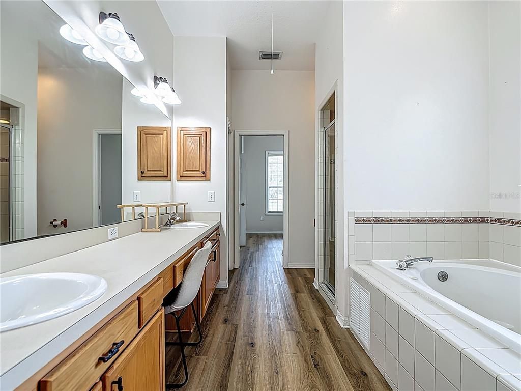 Bathroom, Dual Sink Vanities, Interior, Tile Countertops, Wood Texture Flooring