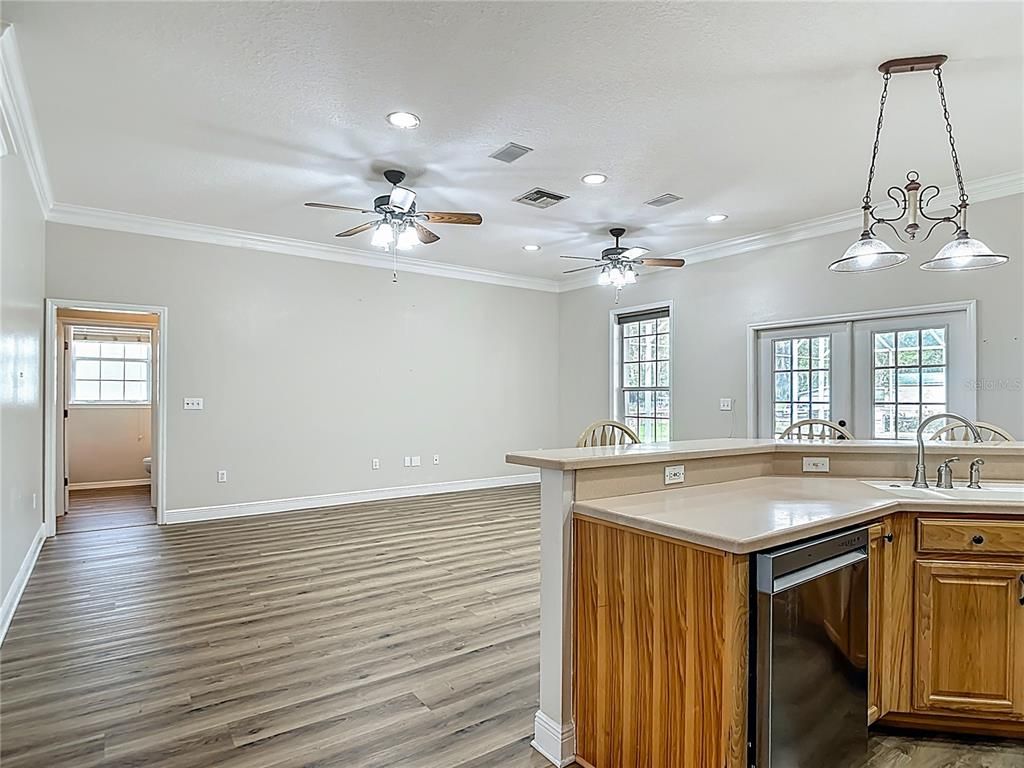 Interior, Kitchen, Pendant Lights, Recessed Lighting, Wood Texture Flooring