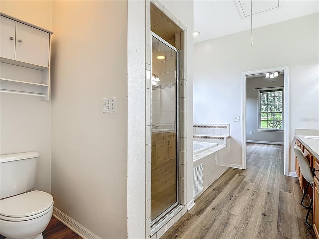 Bathroom, Glass Shower, Interior, Recessed Lighting, Wood Texture Flooring