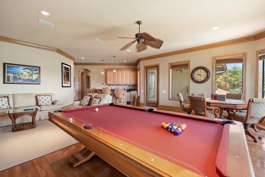 Billiard Table, Dining room, Game Room, Interior, Pendant Lights, Recessed Lighting, Wood Texture Flooring