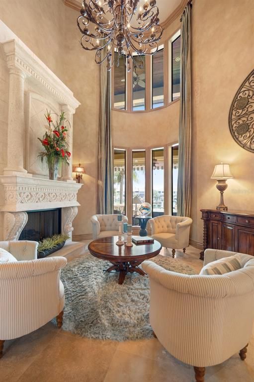 Chandelier, Fireplace, Interior, Living room