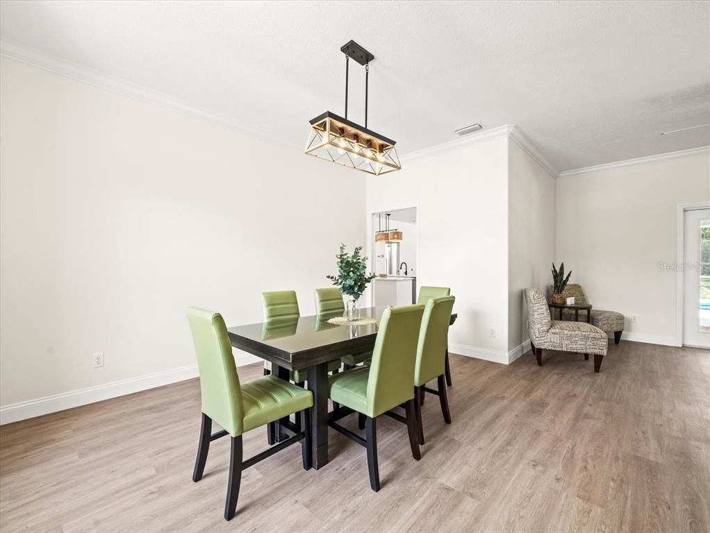 Dining room, Interior, Pendant Lights, Wood Texture Flooring