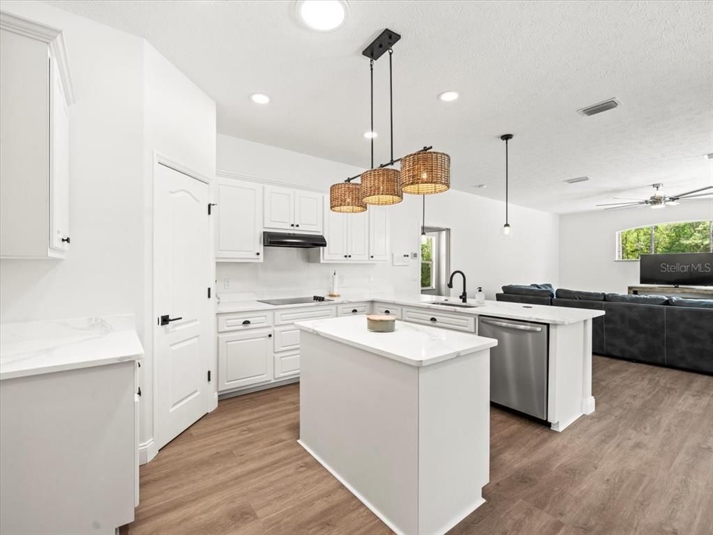 Interior, Kitchen, Living room, Pendant Lights, Recessed Lighting, Stainless Steel Appliances, Wood Texture Flooring